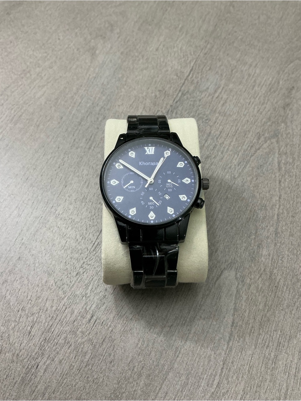 Khorasan Unisex Analog Quartz Watch Black Dial Black Metal Bracelet Roman